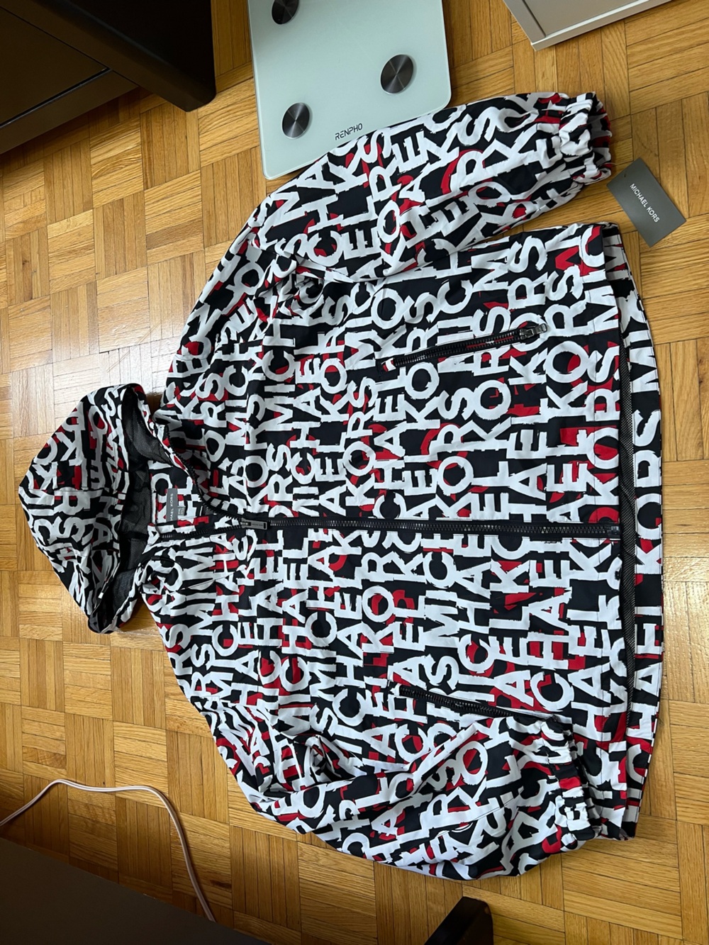 Michael Kors Black, White & Red Logo-Print Hooded Windbreaker